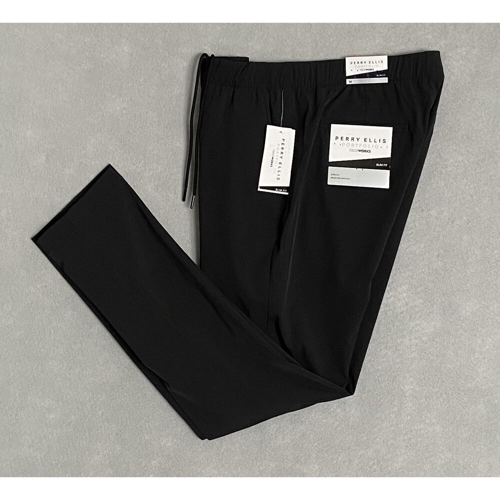 Perry Ellis Men's Medium Techworks Pant Slim Fit Stretch Drawstring Black NEW